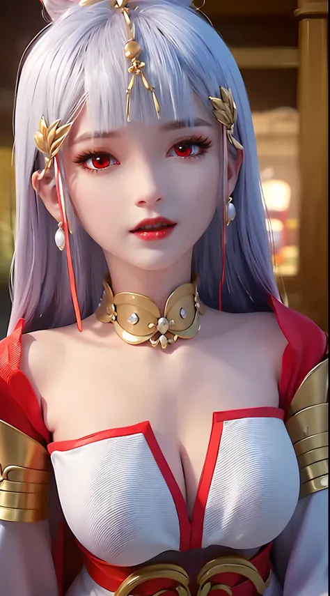 "A beautiful 20 year old young woman, (((sexy slim dress:1.6))), the body is balanced and plump, white dress with red trim, hanfu style, platinum hair color, platinum bangs, the most beautiful and detailed hair jewelry, extremely round shape and face beaut...