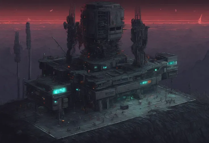 (pixel-art style:1.4), a giant walking mech, sci-fi military base, moonlight, view from above, isometric, (octane render:1.1), intricate details, (vivid colors:1.5), (turrets)