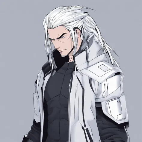 male with wolf ears and a wolf tail, long white hair with flowing long locks, has light beard, shirtless, wearing fingerless gloves, wearing worn jeans, is sweaty