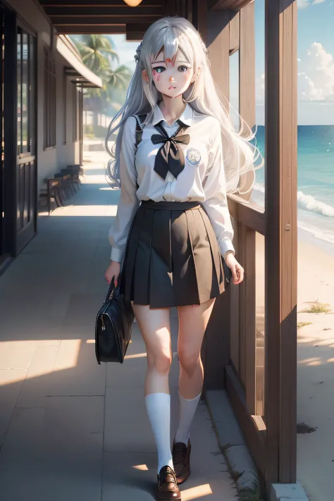 (best quality, masterpiece:1.2, high-resolution, extremely detailed Cg unified 8K wallpaper), solo, Tachibana Kanata, Tan School Uniform, black half-skirt, white socks, outdoors, face, curtain hair, beach, parted hair, silver-white hair