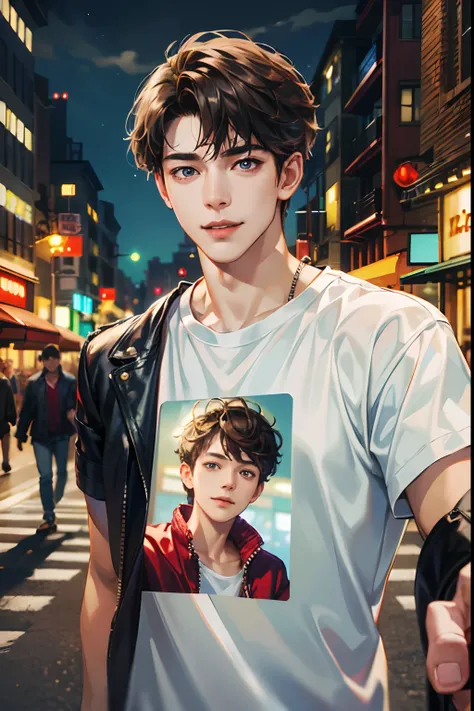 (absurdres, highres, ultra detailed, HDR), masterpiece, best quality, 1boy, handsome, short hair, finely eye and detailed face, (white t-shirt), (red jacket), dimple, night street, night city, midnight, selfie shot, light smile