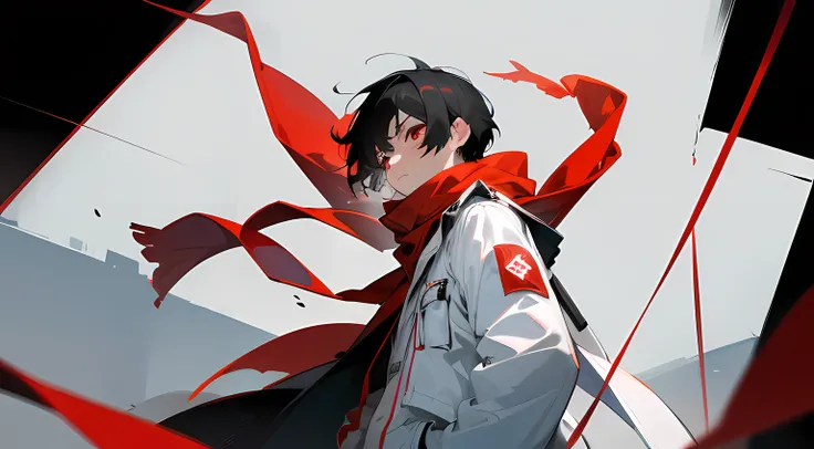 1boy, short black hair, red eyes, wearing a white jacket, black cargo pants, wearing a red ribbon as a scarf, sad, looking up, looking to the right, side angle, black background, absurdres, high res, ultrasharp, 8k, masterpiece