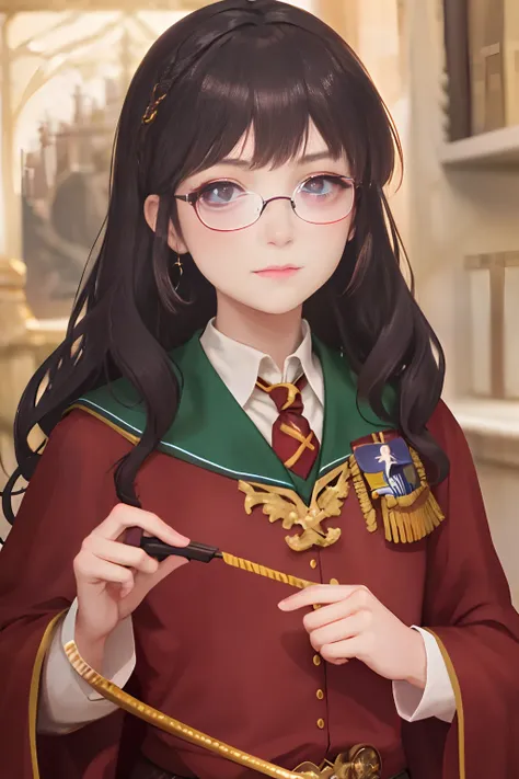 a girl in a gryffindor costume, magical school student uniform, gryffindor style, wearing hogwarts, inspired by Hermione, magic school uniform, hogwarts style,portrait, anime girl cosplay, she wears glasses, in hogwarts, anime cosplay, cosplay,Blunt Bangs,...