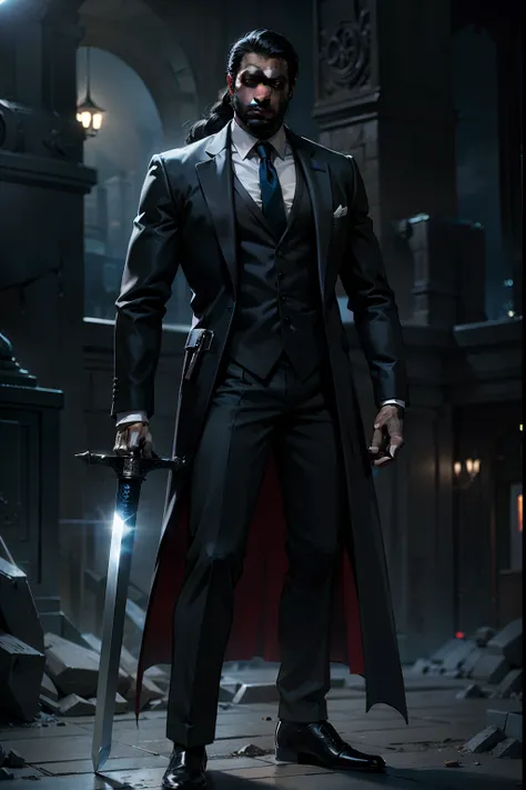 Tall man, in a gray formal suit, dark skin, black hair, short black beard, He holds a huge sword in his hand, full - body, Dark City