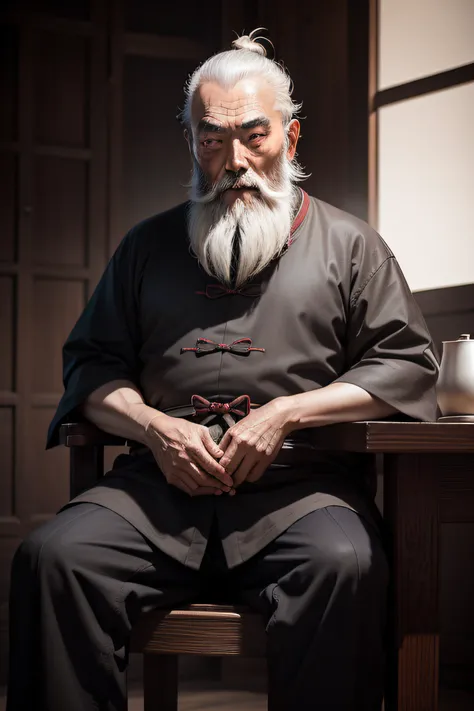 Chinese old man, beard, dark lips, bare eyes, sharp eyes,Zhang Sanfeng,Sit on a chair and take full body photos,high detail,photography,dark studio,edge light,Nikon D850.50mm ,f/1.4