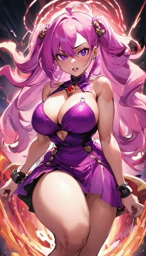 HighestQuali，tmasterpiece，A high resolution，Rose hair，Lori huge breasts cleavage，long whitr hair，1 woman，Purple skirt