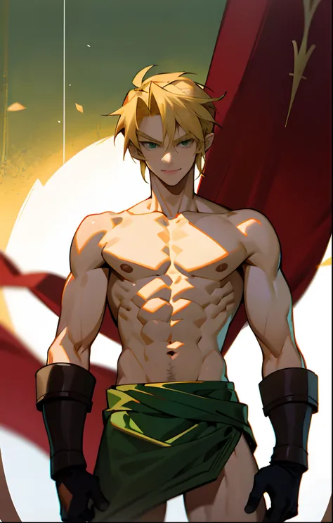 blond, tall, green-eyed guy, viking style, russian hero style, strong,  anime style, anime  , link, ( short gloves), standing, (topless:1.3), demigod , (muscular:0.5)(from above:0.1),(sport:0.2), (empty dojo),(smiling:0.2), (dominant),(evil)(confident)(sad...