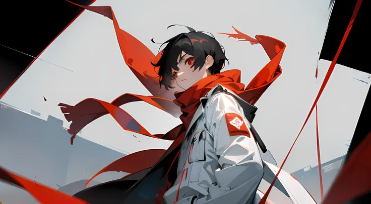 1boy, short black hair, red eyes, wearing a white jacket, black cargo pants, wearing a red ribbon as a scarf, sad, looking up, looking to the right, side angle, black background, absurdres, high res, ultrasharp, 8k, masterpiece