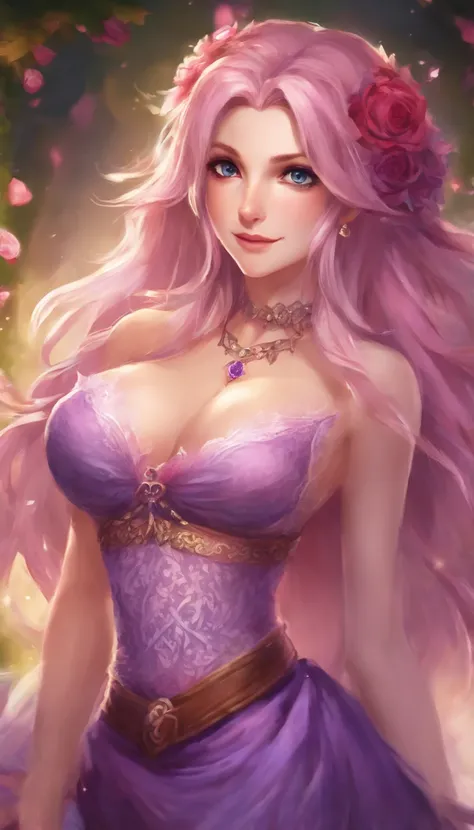 HighestQuali，tmasterpiece，A high resolution，Rose hair，Lori huge breasts cleavage，long whitr hair，1 woman，Purple skirt