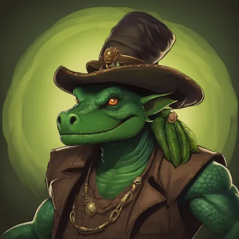 Cartoon of a man with a hat and a green face, alligator shaman, archwizzard in a hat, um pirata goblin, design de personagem monstro, Orc fundido com videiras, Estilo Rato Fink, Lagarto, Criatura da loucura, retrato verde