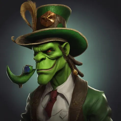 Cartoon of a man with a hat and a green face, alligator shaman, archwizzard in a hat, um pirata goblin, design de personagem monstro, Orc fundido com videiras, Estilo Rato Fink, Lagarto, Criatura da loucura, retrato verde