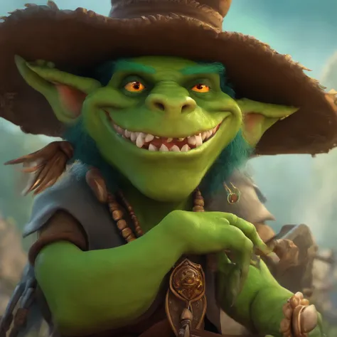 Cartoon of a man with a hat and a green face, alligator shaman, archwizzard in a hat, um pirata goblin, design de personagem monstro, Orc fundido com videiras, Estilo Rato Fink, Lagarto, Criatura da loucura, retrato verde