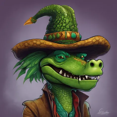 Cartoon of a man with a hat and a green face, alligator shaman, ArchwizzardRato Fink, Lagarto, Criatura da loucura, retrato verde