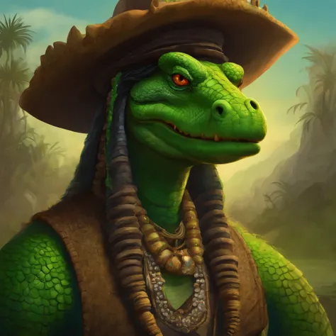 Cartoon of a man with a hat and a green face, alligator shaman, ArchwizzardRato Fink, Lagarto, Criatura da loucura, retrato verde