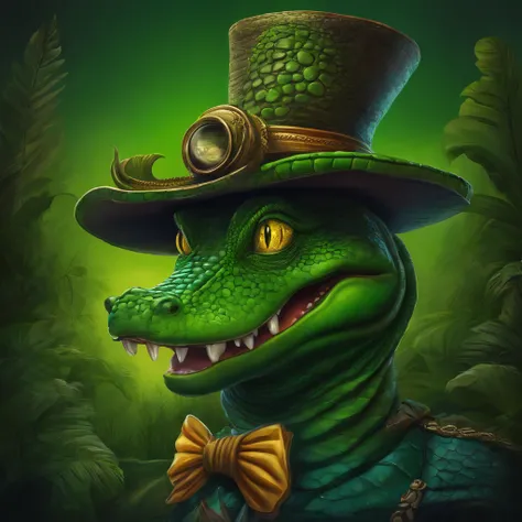 Cartoon of a man with a hat and a green face, alligator shaman, ArchwizzardRato Fink, Lagarto, Criatura da loucura, retrato verde