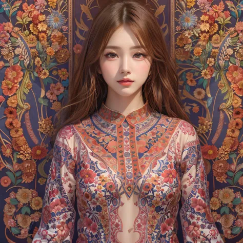 (symmetrical, Compositions with colorful geometric arabesque patterns):1.3, 
(top quality, masterpieces, realistic, photorealism:1.37, best shadows), (1girl:1.3), (semi-long hair), (dark brown hair), (medium breasts:1.3), (nude lipgloss), (make up), (Show ...