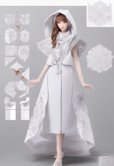 （A high resolution，ultra - detailed）， offcial art, Unity 8k壁纸, Ultra-detailed, Beautiful and aesthetically pleasing, tmasterpiece, best qualityer,long  skirt，slender girl，Wear a tulle dress，Its set with sparkling diamonds，With a hood，Hood head，The material...