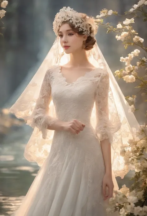 Elegant lace dress dress，Put on a beautiful flowing veil，（A white veil is worn on his head）With a fairy temperament，Classic white fresh and idyllic，Pure and noble tones collide with delicate and soft lace，It exudes luxury，Dress dress，Lace lace turtleneck s...