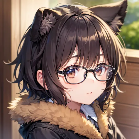 icons、独奏、male child、Brown eyes、close-up face、cardigan、Canine ears、A dark-haired、Mash Bob、Black-rimmed glasses