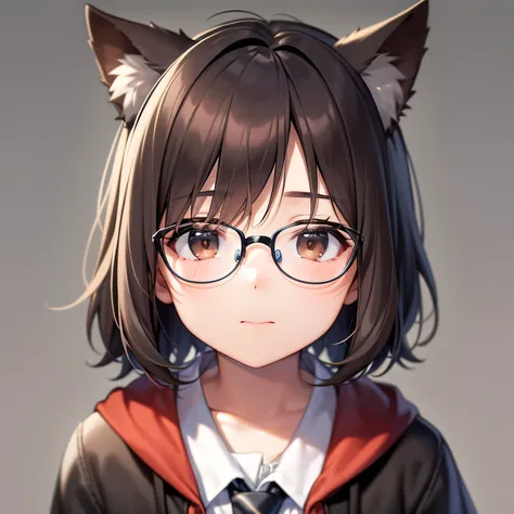 icons、独奏、male child、Brown eyes、close-up face、cardigan、Canine ears、A dark-haired、Mash Bob、Black-rimmed glasses