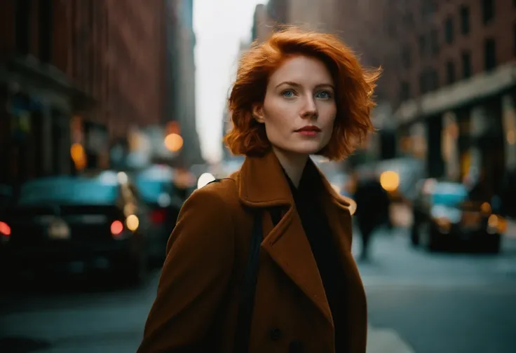 beautiful young woman, 28 year old, short messy hair, ginger hair, floppy hair, straight hair, cold, (investigative journalist:1,5), new york city, Photojournalism, 35mm, Kodak Gold 200, Depth of Field, Materiality