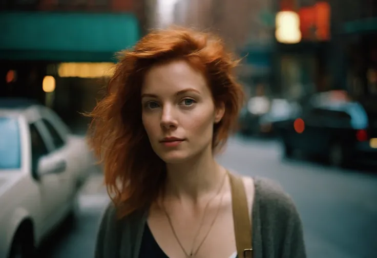 beautiful young woman, 28 year old, short messy hair, ginger hair, floppy hair, straight hair, cold, (investigative journalist:1,5), new york city, Photojournalism, 35mm, Kodak Gold 200, Depth of Field, Materiality