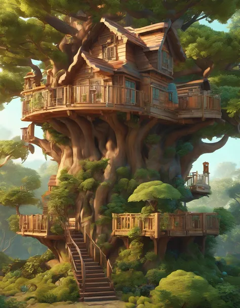 there is a tree house with a staircase and a tree in the middle, bonsai tree house, tree house, highly detailed illustration, tree town, treehouse, intricate detailed illustration, surreal + highly detailed, cyberpunk tree house, highly detailed digital ar...