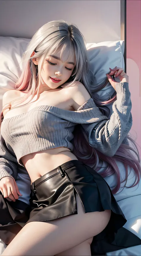 （woman lying on bed）1 girl, silver hair, striated hair, bangs, blunt bangs, long hair, pink hair, aqua eyes, ((eyes closed)）, ma...