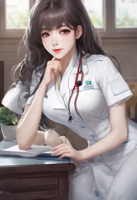 ( (8K:1.27)、top-quality、​masterpiece、超A high resolution:1.2)、crouching down、I can almost see my chest、White nurse uniform、A dark-haired、Long straight hair、huge tit、In the hospital、Hospital Room