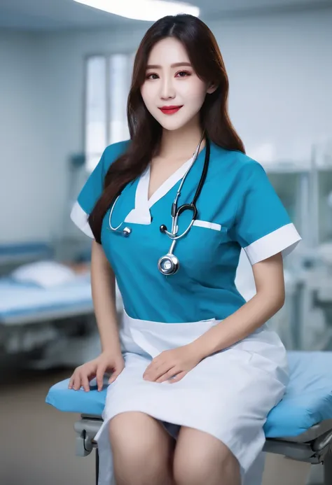 ( (8K:1.27)、top-quality、​masterpiece、超A high resolution:1.2)、crouching down、I can almost see my chest、White nurse uniform、A dark-haired、Long straight hair、huge tit、In the hospital、Hospital Room