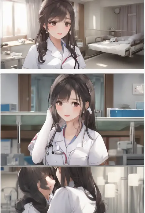 ( (8K:1.27)、top-quality、​masterpiece、超A high resolution:1.2)、crouching down、I can almost see my chest、White nurse uniform、A dark-haired、Long straight hair、huge tit、In the hospital、Hospital Room