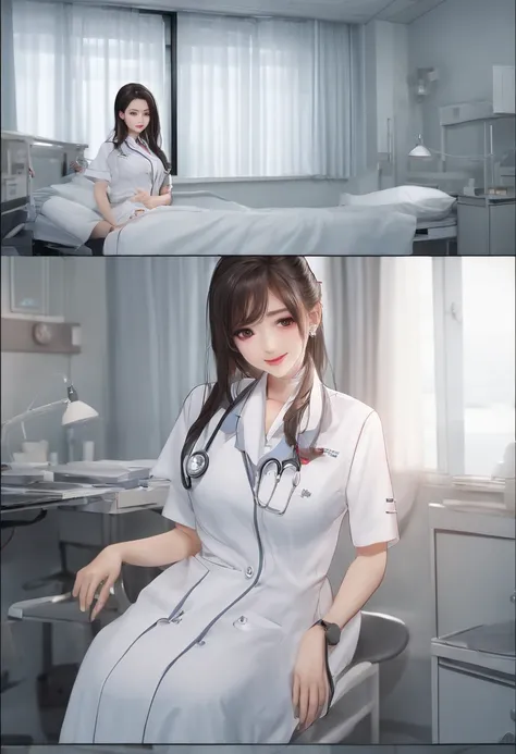 ( (8K:1.27)、top-quality、​masterpiece、超A high resolution:1.2)、crouching down、I can almost see my chest、White nurse uniform、A dark-haired、Long straight hair、huge tit、In the hospital、Hospital Room