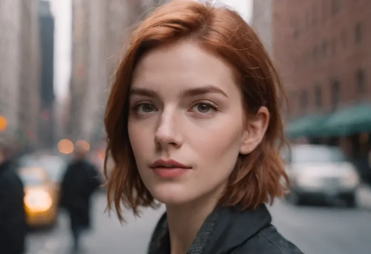 beautiful petite young woman, 28 year old, short messy hair, ginger hair, floppy hair, straight hair, cold, (investigative journalist:1,5), new york city, Photojournalism, 35mm, Kodak Gold 200, Depth of Field, Materiality