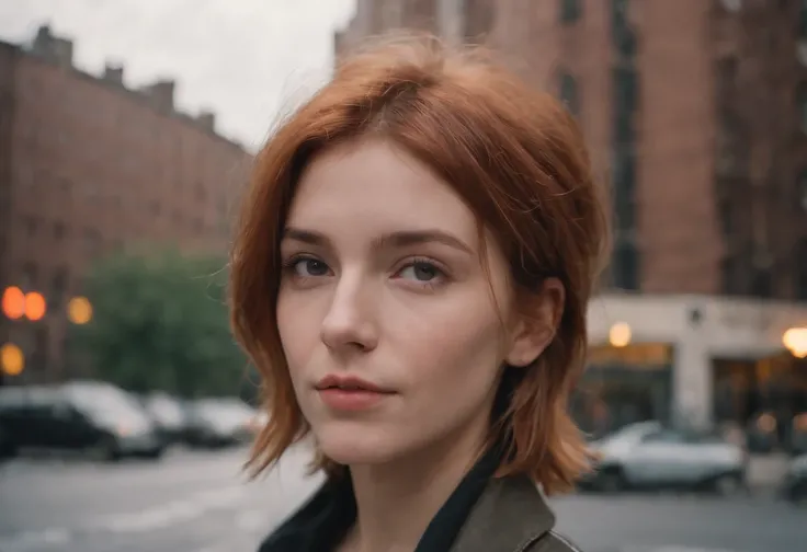 beautiful petite young woman, 28 year old, short messy hair, ginger hair, floppy hair, straight hair, cold, (investigative journalist:1,5), new york city, Photojournalism, 35mm, Kodak Gold 200, Depth of Field, Materiality