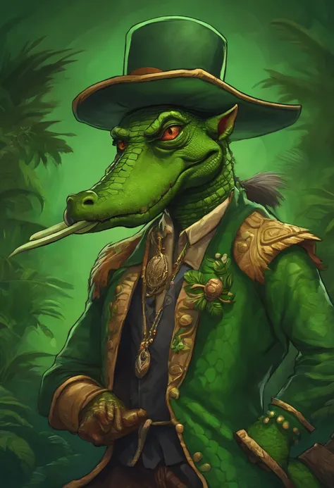 Cartoon of a man with a hat and a green face, alligator shaman, archwizzard in a hat, um pirata goblin, das, Estilo Rato Fink, Lagarto,