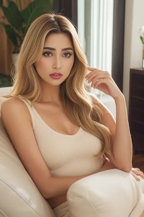 arafed woman posing for the camera in sunny living room while doing her makeup, a portrait inspired by Gina Pellón, instagram, tachisme, violet myers, lorena avarez, olivia culpo, alanis guillen, looks like laura barriales, portrait sophie mudd, tanned ame...