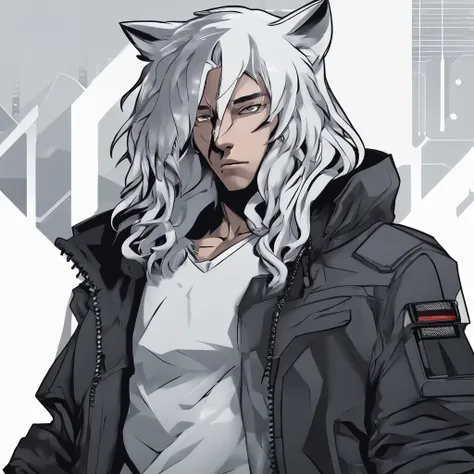 male with wolf ears and a wolf tail, long white hair with flowing long locks, has light beard, shirtless, wearing fingerless gloves, wearing worn jeans, is sweaty