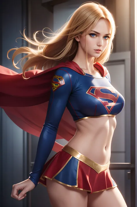 sexy supergirl in midriff costume, side view,  athletic and fit body, naughty, slutty, perfect hands, detailed hands, perfect ey...