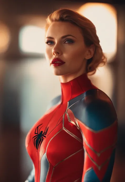 beautiful photo of scarlett johanssen, wearing a spideman costume, A stunning intricate full color photo of (sks woman:1), epic character composition, by ilya kuvshinov, alessio albi, nina masic, sharp focus, natural lighting, subsurface scattering, f2, 35...