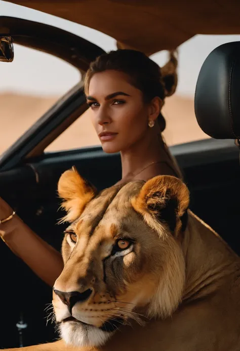 Young woman，cabellos largos dorados，Driving a Porsche，Drive on desert roads，the Lion，hyena