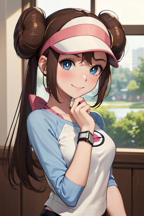 masutepiece, Sharp Focus, Realistic, ultra-detailliert, Beautiful Girl, (side lights:1.2), Smile, RO1, Hair bun, Blue eyes, Twin-tailed, Visor Cap, pantyhose, raglan sleeves, Yellow shorts, Shirt, pink bows, wrist watch, Full body, blush, Looking at Viewer