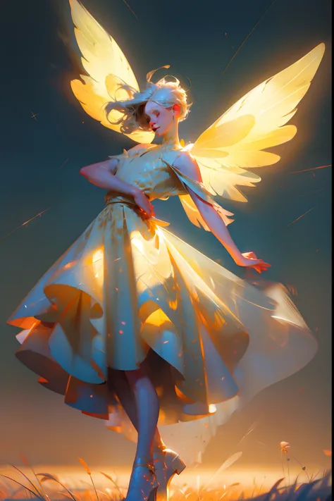 A ballet dancer, wearing a yellow pleated dress and fairy wings, sprinkling fairy dust, background is an open field with clear skies and clouds, mood is enthusiasm, radiation, liberation, daytime light, character design.