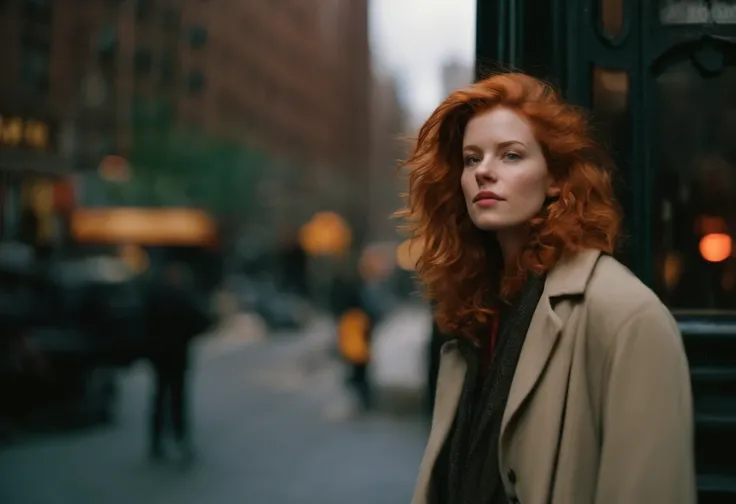 beautiful young woman, 28 year old, short messy hair, ginger hair, floppy hair, straight hair, cold, (investigative journalist:1,5), new york city, Photojournalism, 35mm, Kodak Gold 200, Depth of Field, Materiality