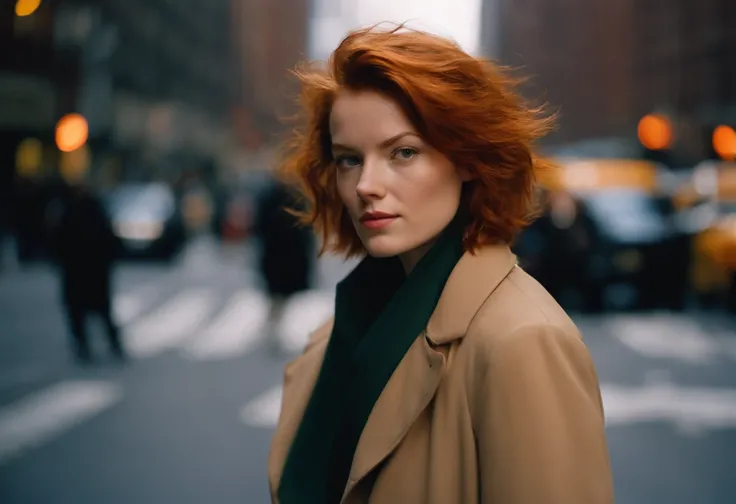 beautiful young woman, 28 year old, short messy hair, ginger hair, floppy hair, straight hair, cold, (investigative journalist:1,5), new york city, Photojournalism, 35mm, Kodak Gold 200, Depth of Field, Materiality