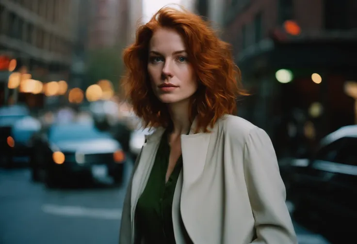 beautiful young woman, 28 year old, short messy hair, ginger hair, floppy hair, straight hair, cold, (investigative journalist:1,5), new york city, Photojournalism, 35mm, Kodak Gold 200, Depth of Field, Materiality