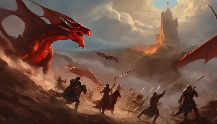 Painting of a group of people with swords and red dragon in the sky, battle with dragon, dungeons and dragons art, epic fantasy art, epic fantasy game art, d & D Arte Digital Fantasia, Epic Fantasy Digital Art Style, Dungeons and Dragons Arte de fantasia, ...