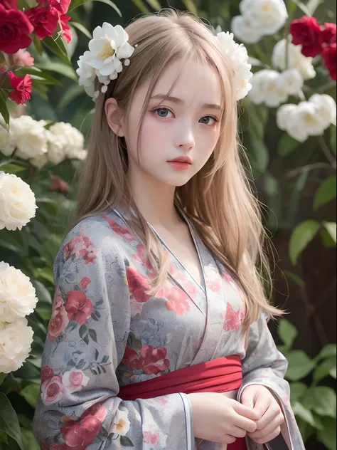 Best quality, Masterpiece, high resolution, Original, highly detailed wallpaper, Beauty,Gorgeous kimono、dress, Sad, Small face、teens girl、Real Human、Authentic、blond、Blue eyes、Foreigner、Old photos、Flowers bloom、happy、Pleasure、Red lips