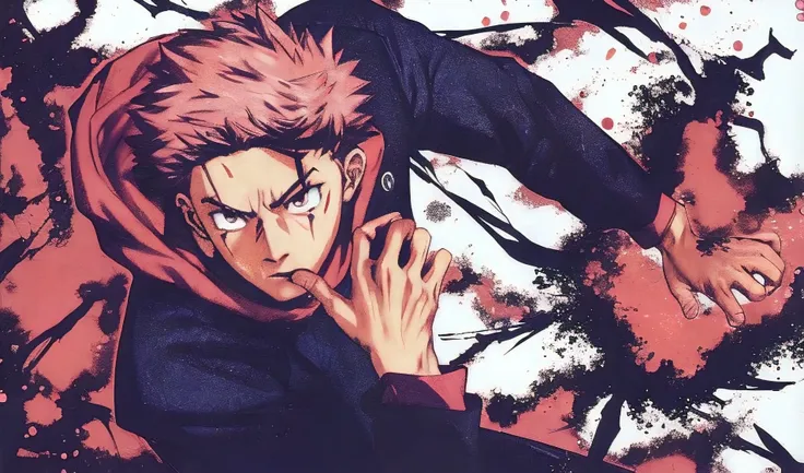 personagem de anime com cabelo vermelho e capuz preto em um fundo branco, jujutsu kaisen, coringa se parece com naruto, cara bon...