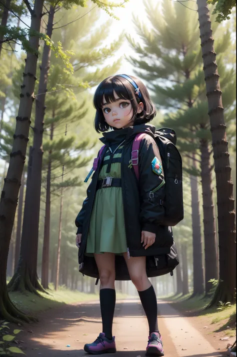 Create a captivating scene with a black-haired seven-year-old, vestida como uma jovem exploradora, renderizar jumanje, em trajes de aventura. mochila verde; Coloque-o entrando em uma passagem secreta na floresta (( Holding your Rubiks Cube 3x3)), Borboleta...