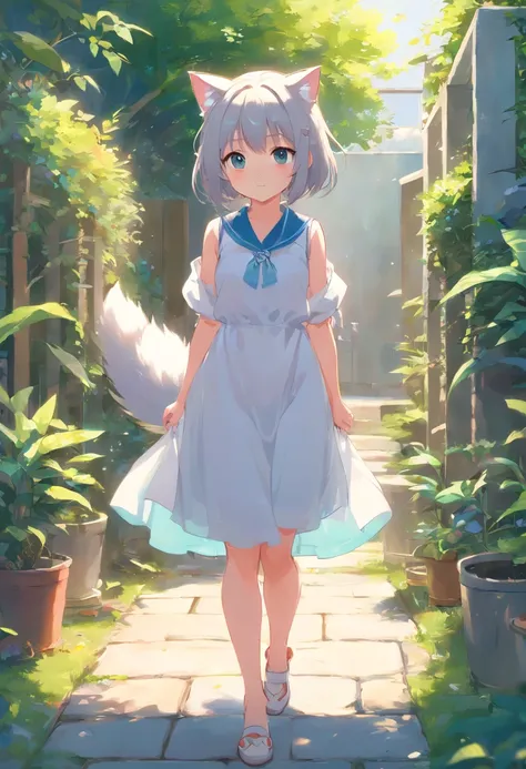 Cat-eared girl in white dress standing in the garden, QUEBRAR，Cabello plateado，ojos azules，(((sin mangas)))，Cuelga la ropa para que se seque，Holding a laundry basket with clothes，Loli en vestido, small curvy loli, Obras de arte al estilo de Guweiz, Guweiz ...